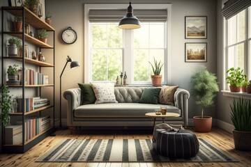 A cozy living space featuring a sofa, table, bookshelf, window, lamp, rug, and hardwood flooring. Generative AI