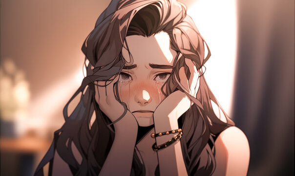 The girl, filled with sadness, anxiety, and grief, carries the burden of worry and suffering, enduring pain and stress in solitude
