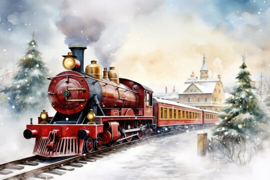 A painting of a train traveling through a snowy landscape. Christmas steam train.