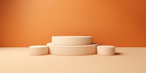 Podium cream and beige minimal on orange background. stand to show products. Stage Showcase on pedestal beige, generative ai