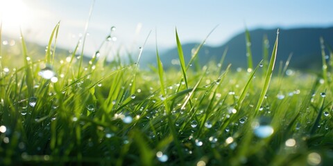 Close up of fresh morning dew on spring grass with blue sky, generative ai