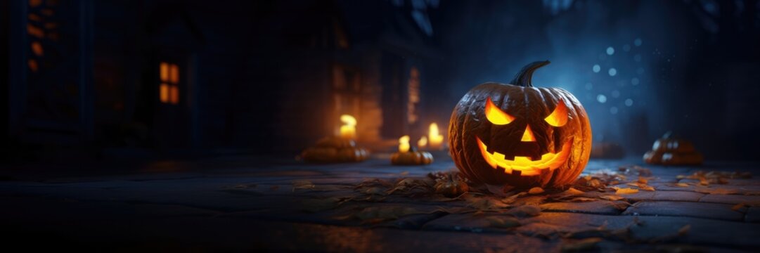 Halloween background. Spooky pumpkin with dark forest. Halloween design with copyspace, generative ai
