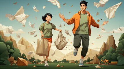 A man and a woman are running in the park. Digital image.