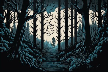 Spooky comic style forest illustration. Eerie, unreal and atmospheric. Perfect for Halloween. Generative AI