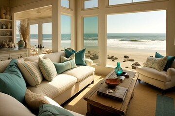 Fototapeta na wymiar Bright living room with ocean view. Generative AI