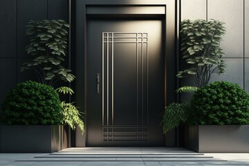 A steel entrance door with plants in front, depicted in a 3D rendering. Generative AI