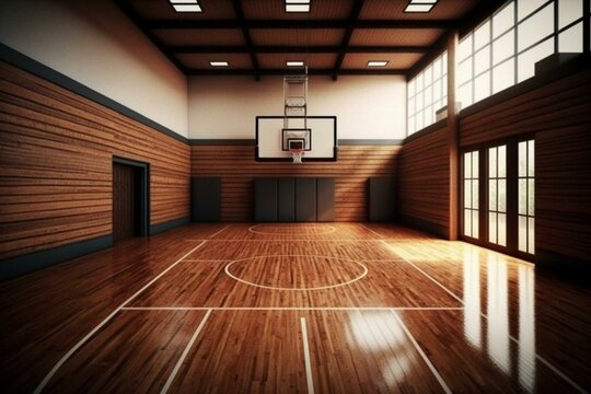 Indoor basketball court with wooden flooring. Generative AI