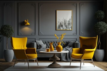 Gray walled home with yellow armchairs and wooden coffee table. Generative AI