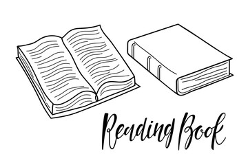 Reading Book text. Books linear sketch black and white. Outline doodle open and close books and calligraphy lettering. Education sign. Vector illustration for back to school, educational supplies.