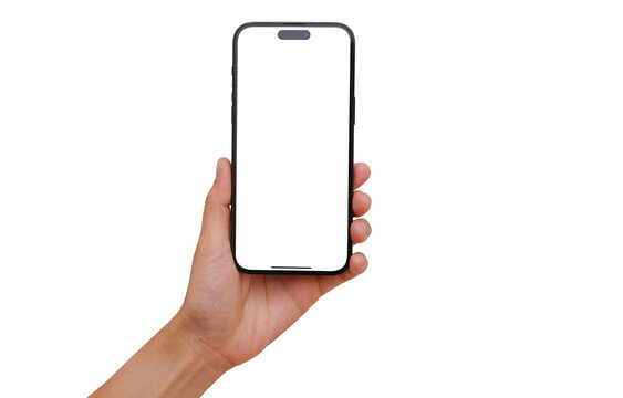 Mockup iphone hand - clipping path , Studio shot of Smartphone iPhone 15 Pro Max with blank phone screen for Infographic Global Business web site design app ios 6 : Bangkok, Thailand - JUNE 17, 2023	