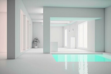 Minimalist white interior with pool & neon lighting. Abstract 3D rendering. Generative AI
