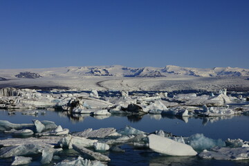 View on Jökulsárlón which is a large glacial lake in southern part of Vatnajökull National Park in the south of Iceland