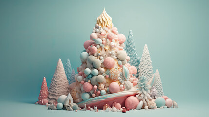 Obraz premium Happy new year festive abstract design. Soft pastel color blue and pink white. Christmas trees, colorful winter landscape