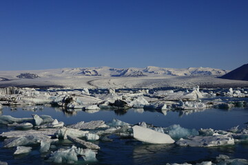 View on Jökulsárlón which is a large glacial lake in southern part of Vatnajökull National Park in the south of Iceland