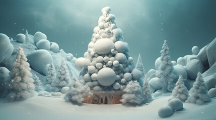 Happy new year festive abstract design. Soft pastel color blue and pink white.  Christmas trees, colorful winter landscape