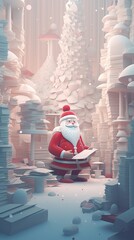 Fototapeta premium Fairy Santa claus read merry christmas wish list letter stack, new year celebration concept. Christmas card. AI generative