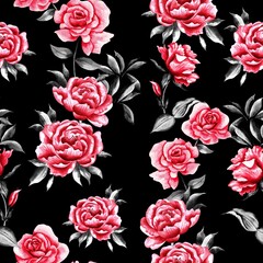 Watercolor flowers pattern, red tropical elements, green leaves, black background, seamless