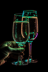  Modern, elegant, champagne glasses in neon light. Night Party life concept. Ai generative