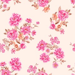 Watercolor flowers pattern, pink tropical elements, brown leaves, golden background, seamless