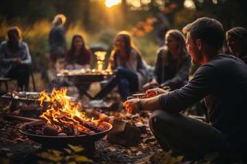 A group of people sitting around a fire pit. Autumn, Thanksgiving arty, Fall decor. - obrazy, fototapety, plakaty
