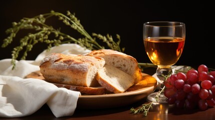 Fototapeta na wymiar A plate of bread, grapes and a glass of wine. Yom Kipur, Jewish High Holy Days.