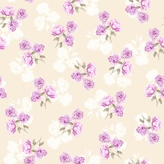 Watercolor flowers pattern, purple tropical elements, green leaves, gold background, seamless