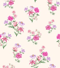 Obraz na płótnie Canvas Watercolor flowers pattern, pink and purple tropical elements, green leaves, gold background, seamless