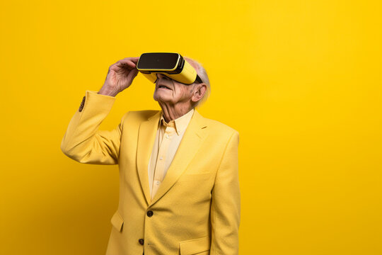 senior person with virtual reality glasses on yellow background