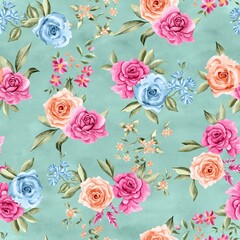 Watercolor flowers pattern, colorful tropical elements, green leaves, green background, seamless