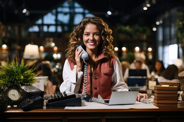 Attractive woman at work using a landline telephone, generative ai - obrazy, fototapety, plakaty