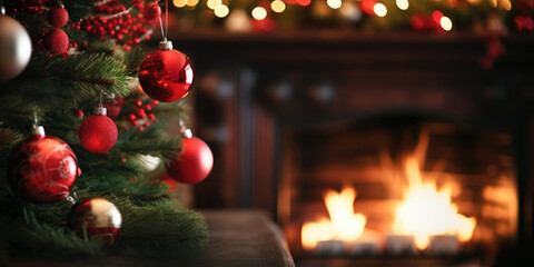Fototapeta na wymiar decorated christmas tree on burning fireplace background. banner with copy space. generative AI