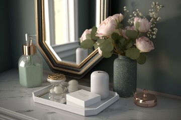 A counter with soap, flowers, mirror and tray in a bathroom. Generative AI