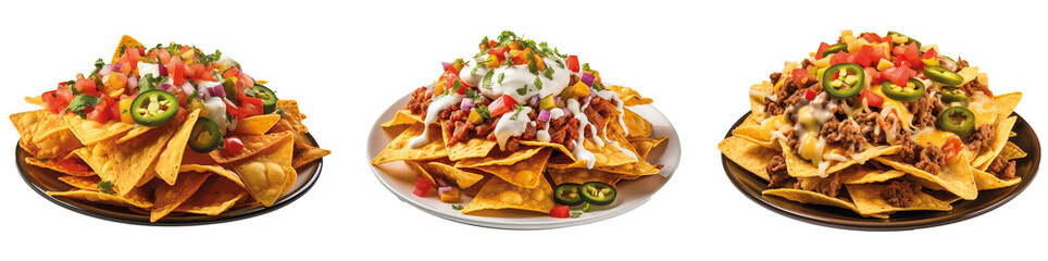 Plate of freshly made spicy nachos isolated on transparent background