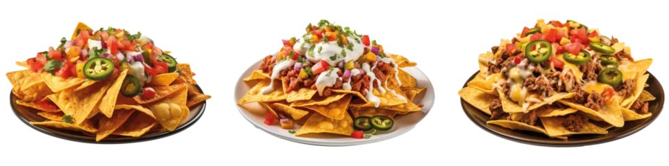 Fotobehang Hete pepers Plate of freshly made spicy nachos isolated on transparent background