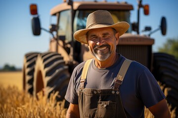 A man standing in front of a tractor in a field. Modern middle-aged European farmer.