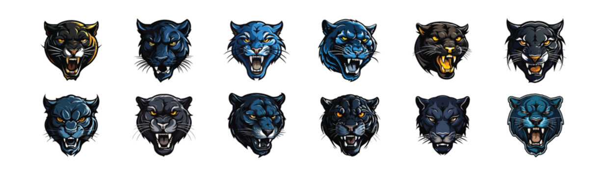 Angry Panther Mascot Set, Variations of Panther Logo mascot illustration, Vector Pack of Panther Cutout Illustration isolated on white background, Panther design T shirt print
