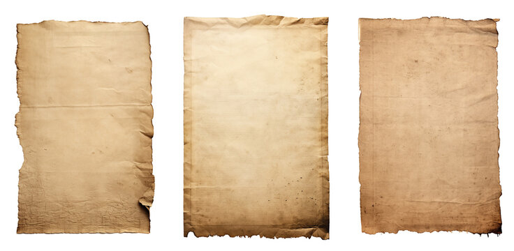 group of Old worn paper sheet isolated on transparent background