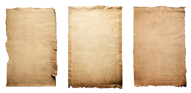 group of Old worn paper sheet isolated on transparent background