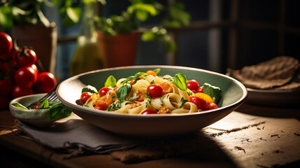 An appetizing image of a gluten - free pasta dish with fresh tomatoes, basil, and garlic, served in a ceramic bowl, shot on a rustic table setting, natural window light