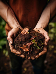 Close - up of hands holding rich, finished compost, crumbling it, ready for use in garden, earthy and organic