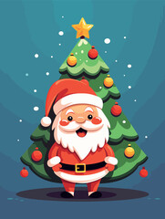 Christmas tree and Santa claus on white background. Vector illustration for retro christmas card.