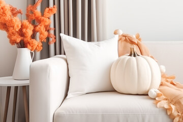 Cozy living room interior in autumn colors. Generative AI.