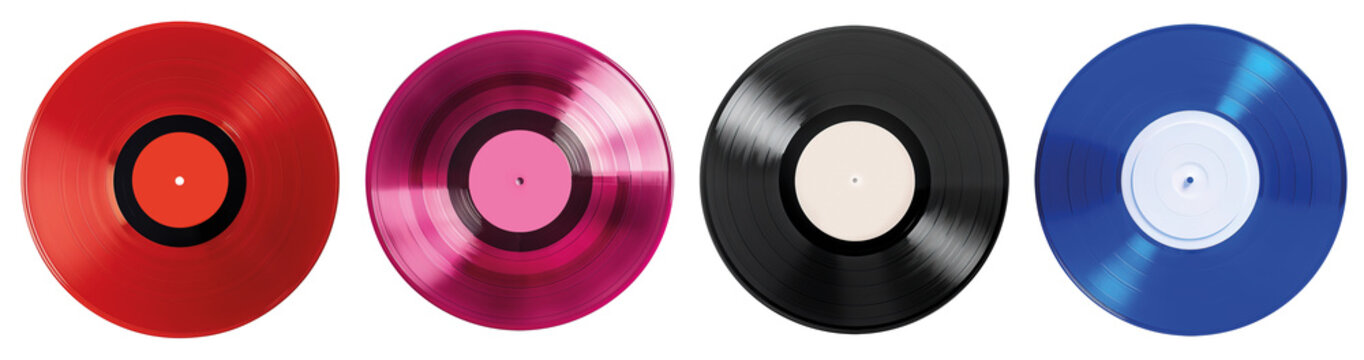 Collection of various color vinyl records with paper labels isolated on transparent background