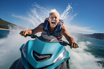 Senior person enjoying life on a jet ski - obrazy, fototapety, plakaty