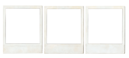 Set of old and dirty white instant photo frames. Empty frame mockup. Vintage card. Template on a transparent background