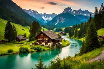 Fototapeta premium swiss alpine lake generated Ai.