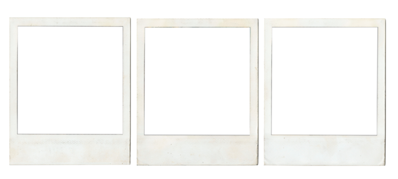Set of old and dirty white instant photo frames. Empty frame mockup. Vintage card. Template on a transparent background - Powered by Adobe
