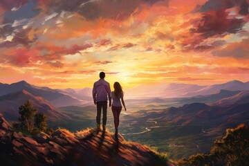 Couple looking out over the hills, Oil Painting Style