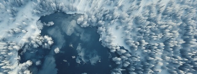 Aerial Photo of Frozen lake and snowy trees