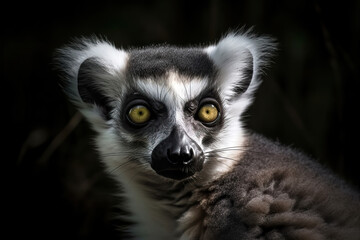 Fototapeta premium Close-up of Wild Ring-tailed lemur on black background. Amazing Wildlife. Generative Ai